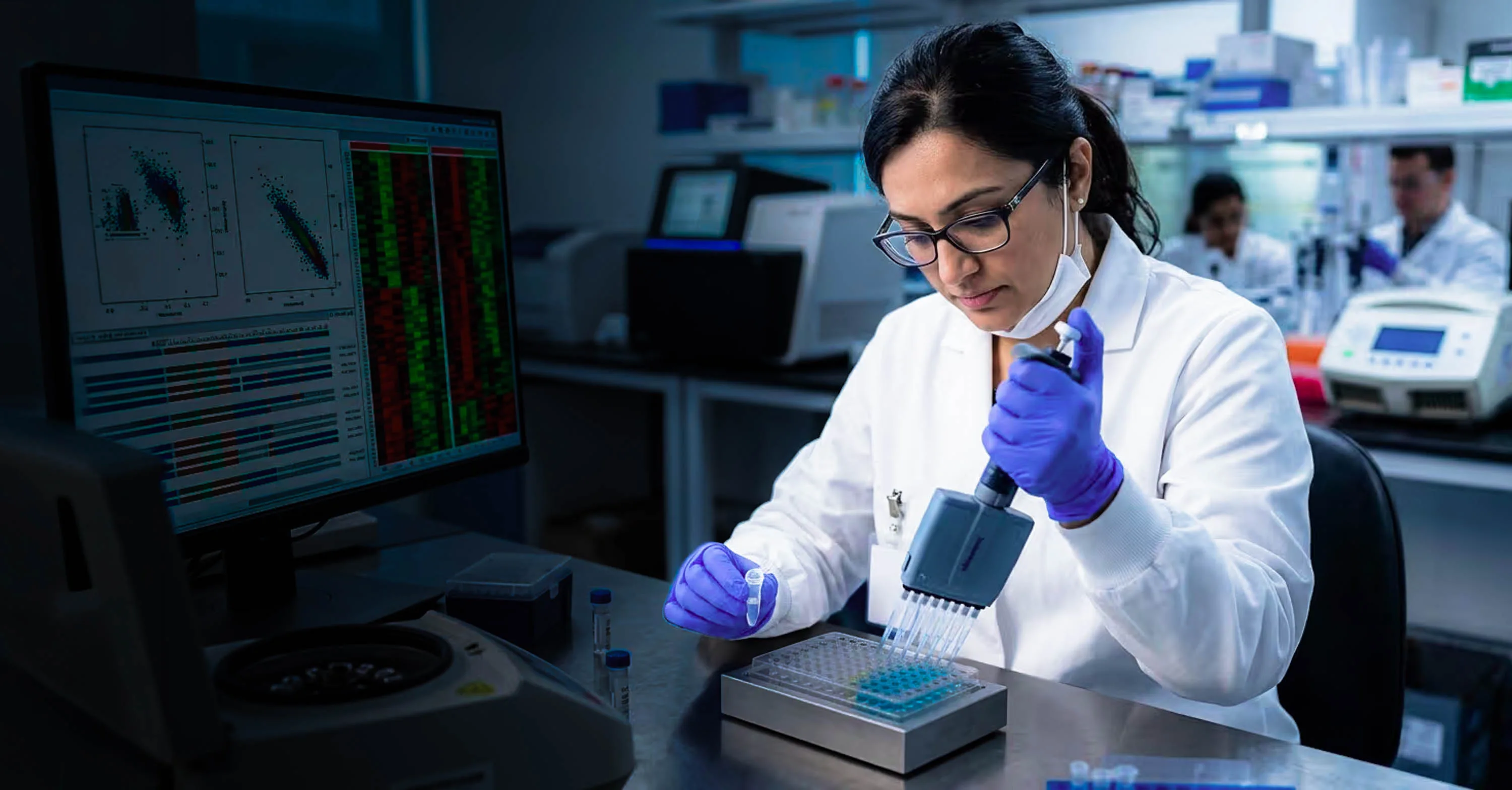 Scientist using a multichannel pipette to load a 96-well plate, with sequencing data on screen alongside